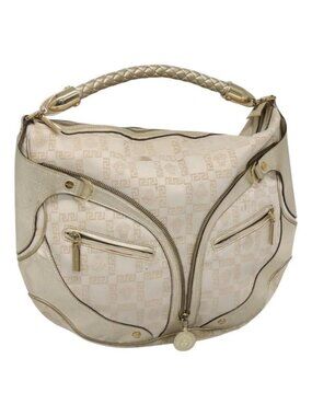 Authentic Gianni Versace Shoulder Bag Canvas Leather White Gold